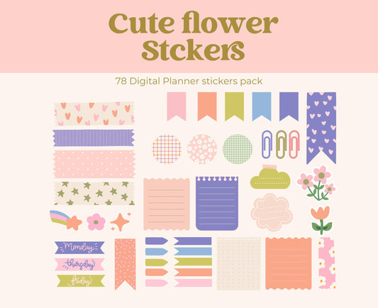 Pegatinas de flores bonitas y brillantes / Pegatinas de Goodnotes / Pegatinas de planificador / Pegatinas de moda / Pegatinas de planificador digital