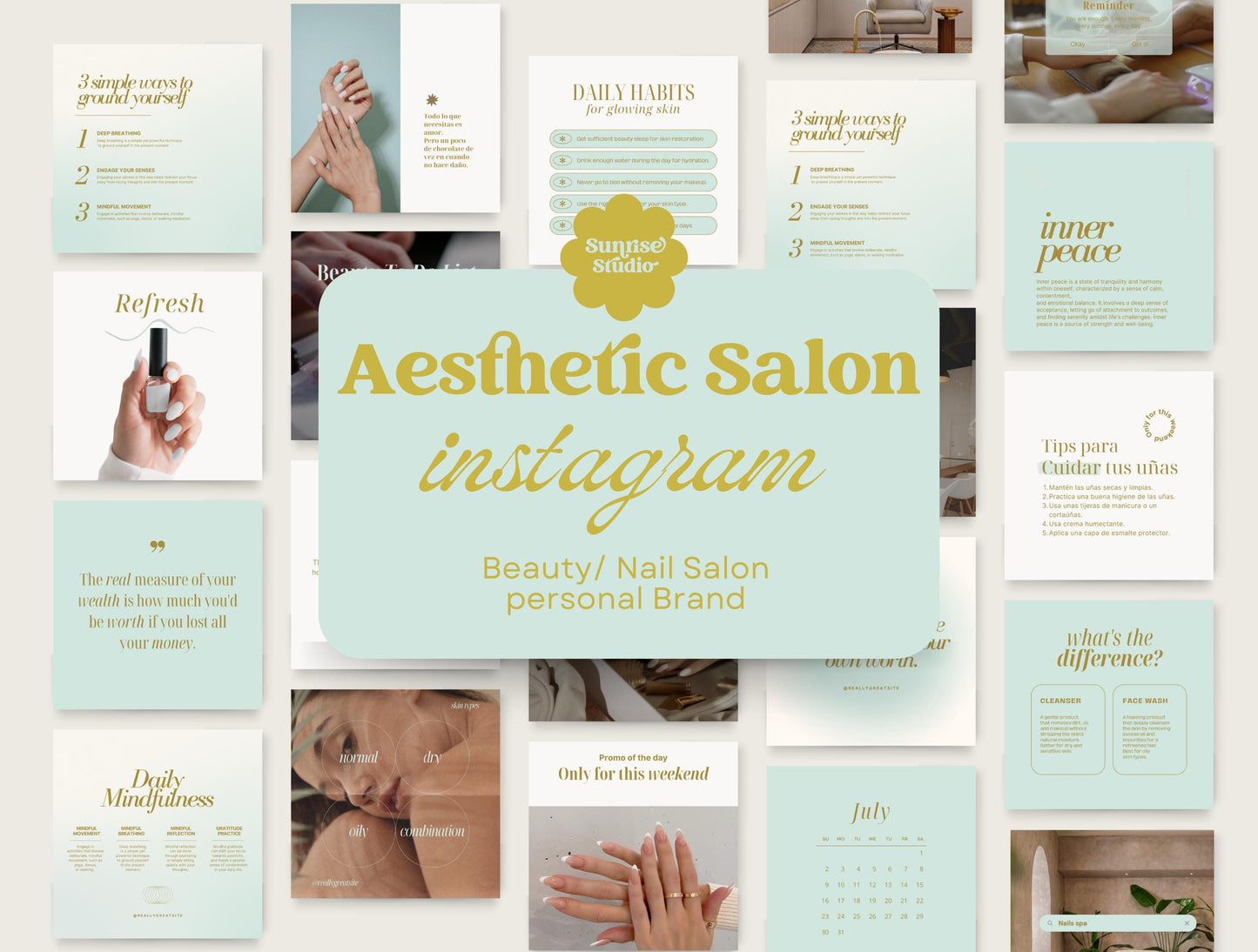 Plantillas de Instagram Canva para publicaciones e historias de belleza y salón de uñas, alto impacto visual y estrategia de participación para pequeñas empresas, feed estético