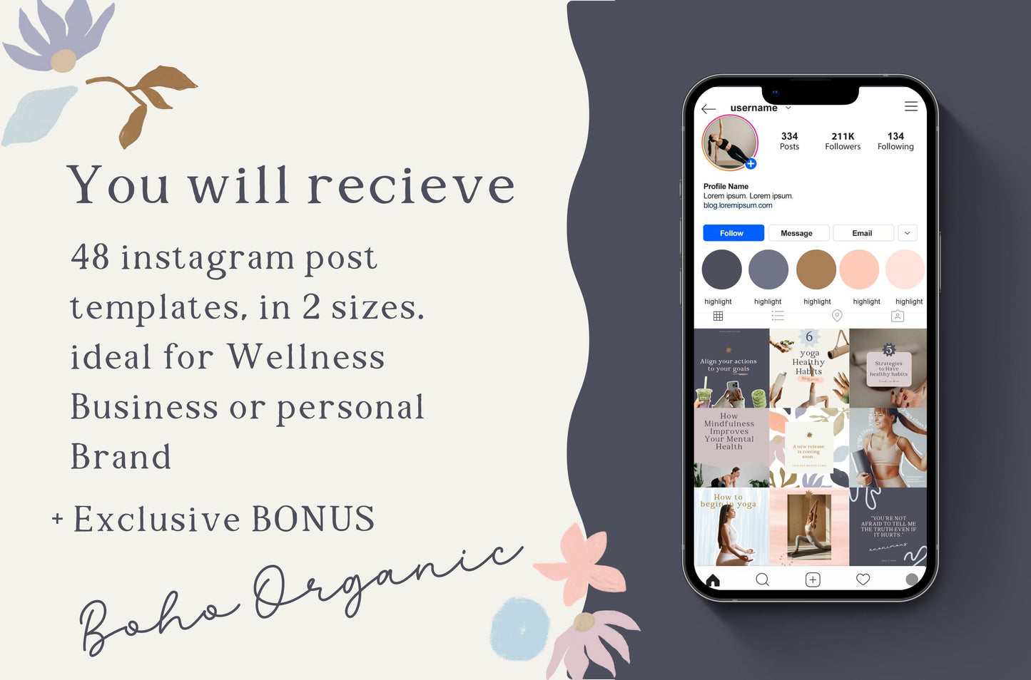 Plantilla de Instagram de bienestar, diseño artístico bohemio orgánico, ilustración dibujada a mano para entrenadores de yoga, salud, espiritualidad y terapia.