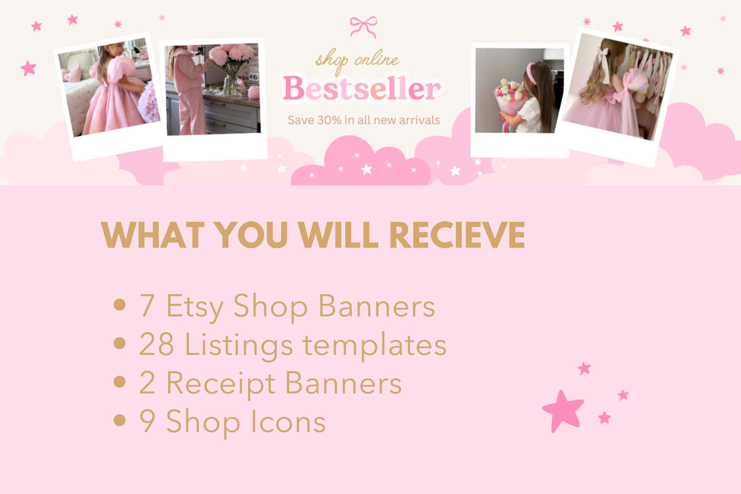 Kit de tienda Etsy rosa, lindo y divertido: incluye plantillas de banner y anuncios para Etsy. Plantillas divertidas de Canva para impulsar tu tienda online.