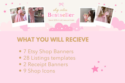 Kit de tienda Etsy rosa, lindo y divertido: incluye plantillas de banner y anuncios para Etsy. Plantillas divertidas de Canva para impulsar tu tienda online.