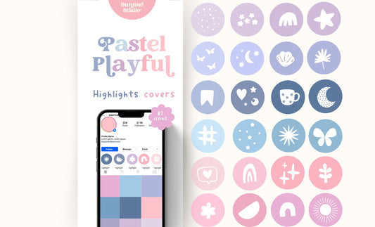 Portada de historia destacada de Instagram divertida y pastel, íconos, íconos dibujados a mano, íconos de redes sociales, íconos lindos de Instagram en colores pastel, plantilla de Canva