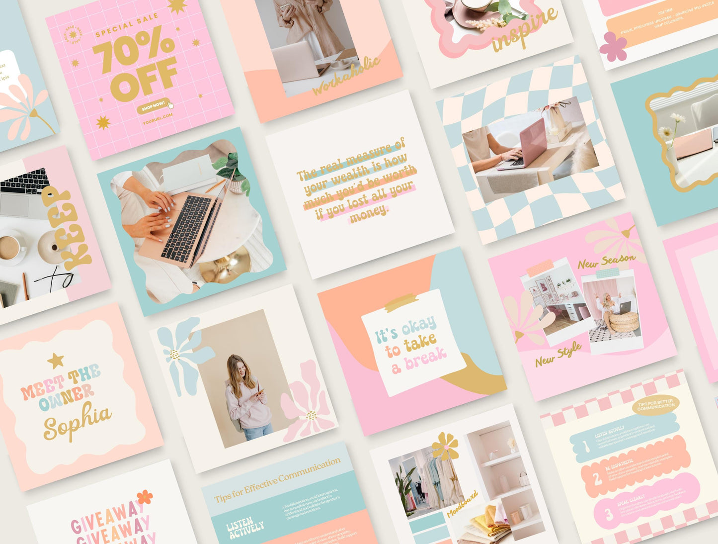 Estilo de vida moderno retro pastel Instagram/Canva: plantillas de publicaciones de alto impacto visual y estrategia de participación para pequeñas empresas, marketing digital