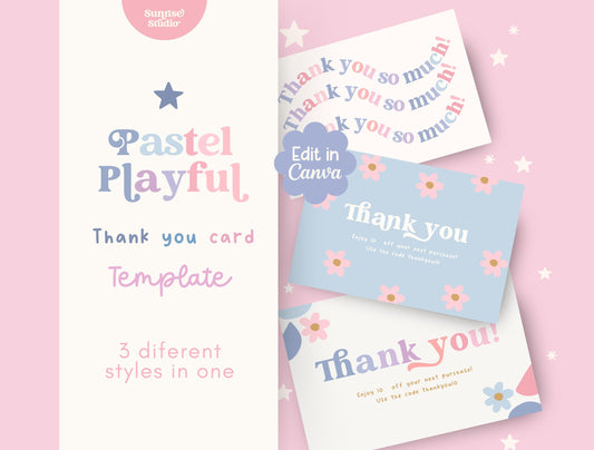 Plantilla de paquete de tarjetas de agradecimiento divertidas en colores pastel / Tarjeta de presentación pequeña / Diseño de marca / Embalaje de marca