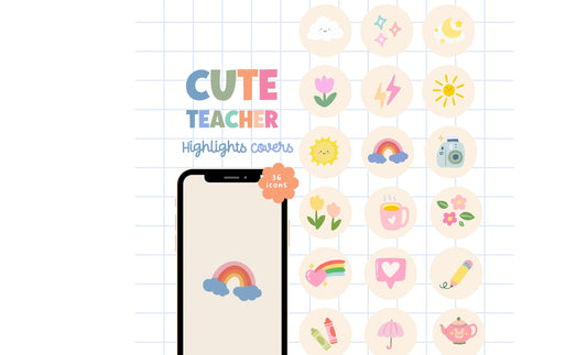 Linda portada destacada de historia de Instagram de maestra, íconos, íconos dibujados a mano, íconos de redes sociales, íconos lindos de Instagram en colores pastel, plantilla de Canva