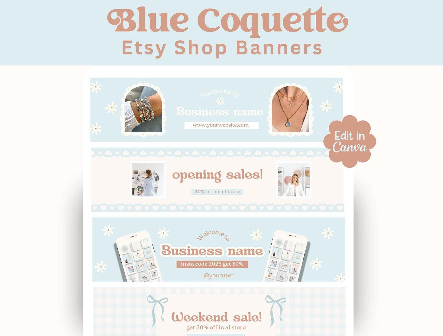 Banners estéticos azules para tiendas Etsy / Marcas de tiendas Delicate Coquette / Herramientas para pequeñas empresas
