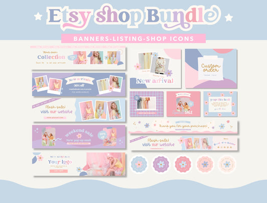 Kit de tienda Etsy Blue Lila lúdico: paquete de plantillas de banner y anuncios de Etsy - Plantillas divertidas de Canva para impulsar tu tienda online