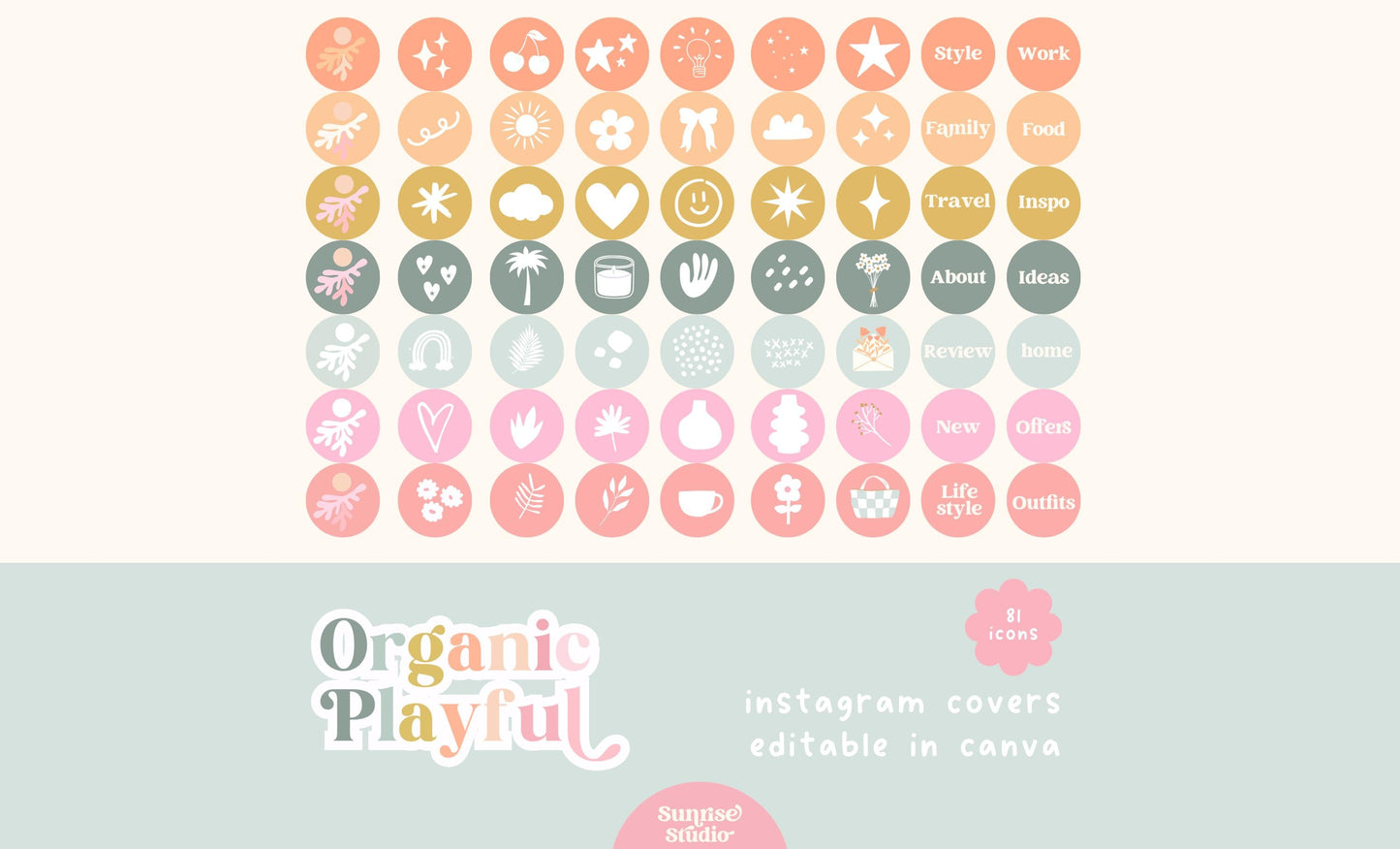 Portada de Instagram destacada con temática lúdica y orgánica, iconos dibujados a mano, iconos de redes sociales, iconos pastel de Instagram, plantilla de Canva