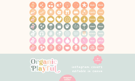 Portada de Instagram destacada con temática lúdica y orgánica, iconos dibujados a mano, iconos de redes sociales, iconos pastel de Instagram, plantilla de Canva