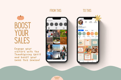 Plantillas de paquete de feeds de Instagram de Feliz Día de Acción de Gracias - Impulsa la participación - Plantilla de ventas navideñas - Feed de otoño - Plantilla de Canva de otoño - Historia de ventas