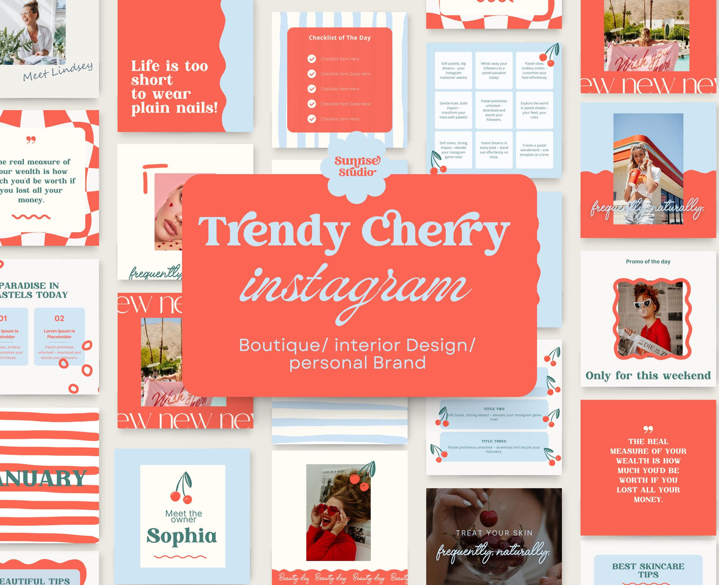 Plantilla moderna de Instagram con temática de cerezas / Diseño elegante y con estilo para redes sociales / Publicación moderna en Canva / Herramientas para pequeñas empresas / Feed de influencers