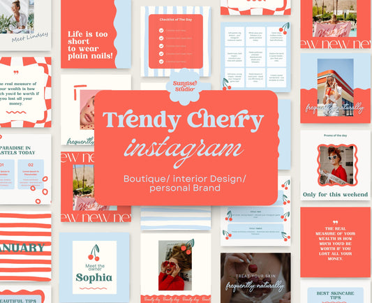 Plantilla moderna de Instagram con temática de cerezas / Diseño elegante y con estilo para redes sociales / Publicación moderna en Canva / Herramientas para pequeñas empresas / Feed de influencers