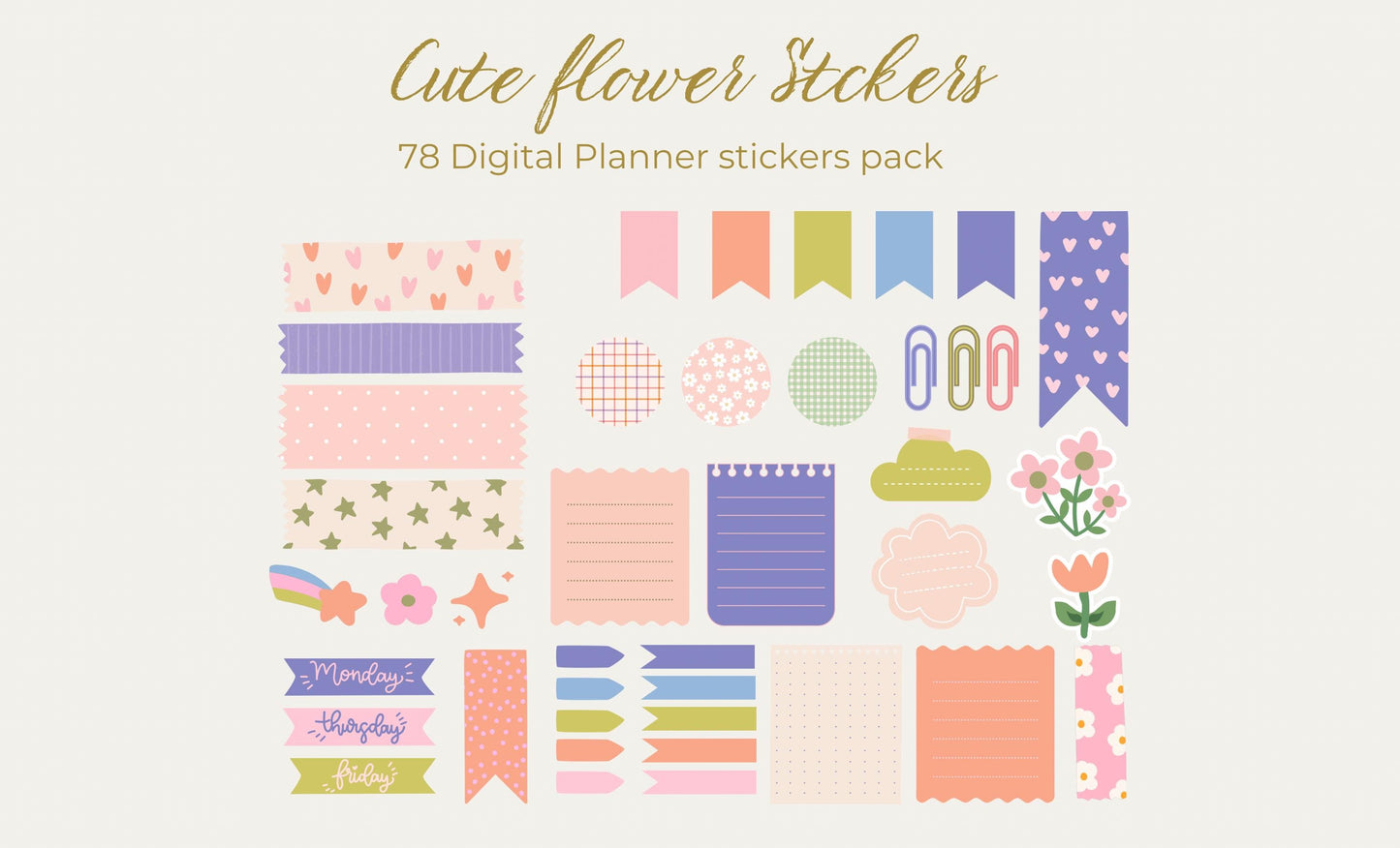 Pegatinas de flores bonitas y brillantes / Pegatinas de Goodnotes / Pegatinas de planificador / Pegatinas de moda / Pegatinas de planificador digital