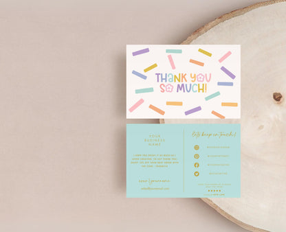 Plantilla de tarjeta de agradecimiento divertida y brillante / tarjeta de presentación pequeña / diseño de marca / empaque de marca / agradecimiento al cliente