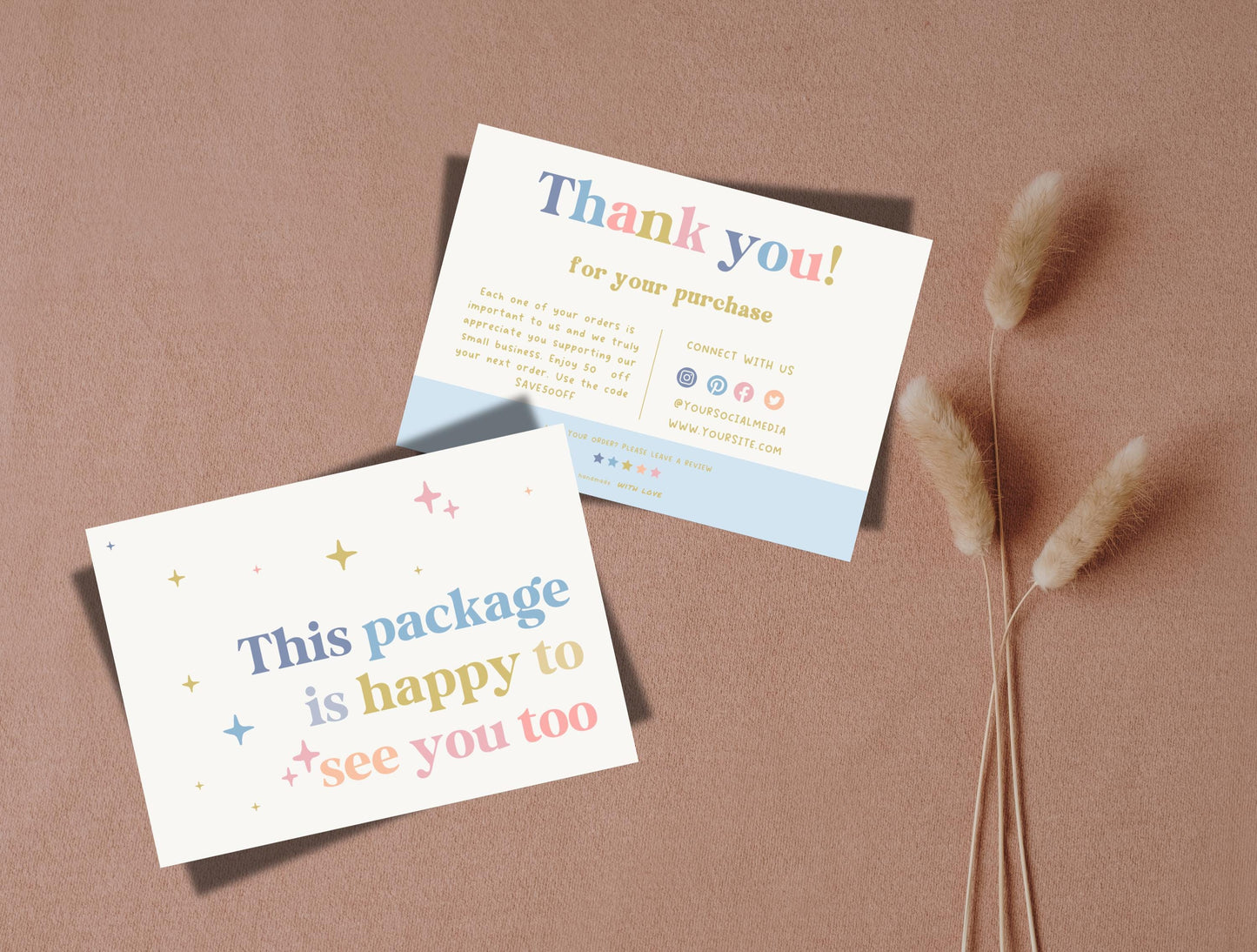 Plantilla de Canva de tarjeta de agradecimiento colorida editable/tarjeta de agradecimiento al cliente/inserto de empaque para pequeñas empresas