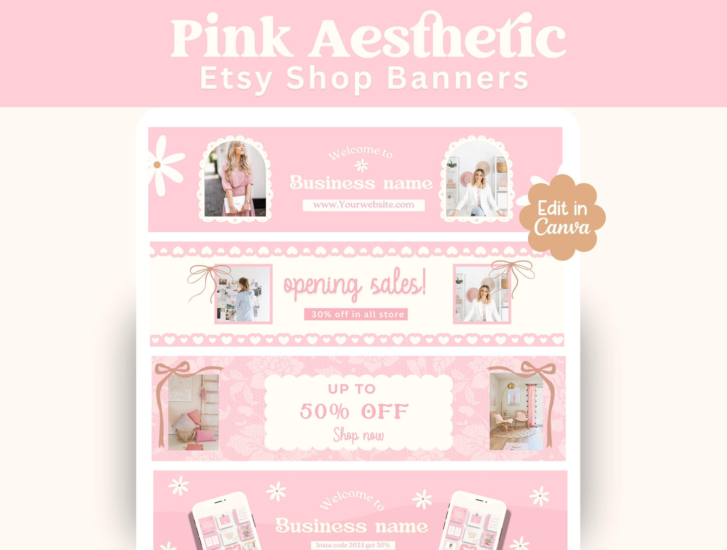 Banners para tiendas Etsy / Diseño de marca delicado y coqueto con estética rosa para su tienda / Banners y gráficos personalizables