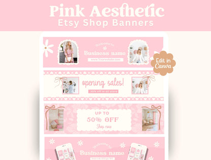Banners para tiendas Etsy / Diseño de marca delicado y coqueto con estética rosa para su tienda / Banners y gráficos personalizables
