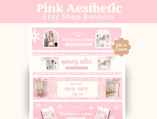 Banners para tiendas Etsy / Diseño de marca delicado y coqueto con estética rosa para su tienda / Banners y gráficos personalizables