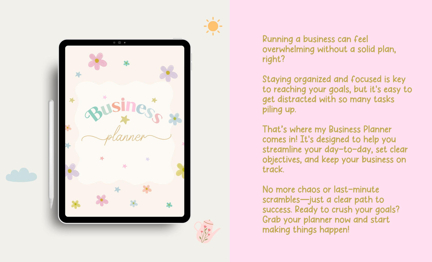 Planificador de negocios digital/planificador GoodNote/calcomanías para planificador/planificador con flores en tonos pastel/planificador para pequeñas empresas