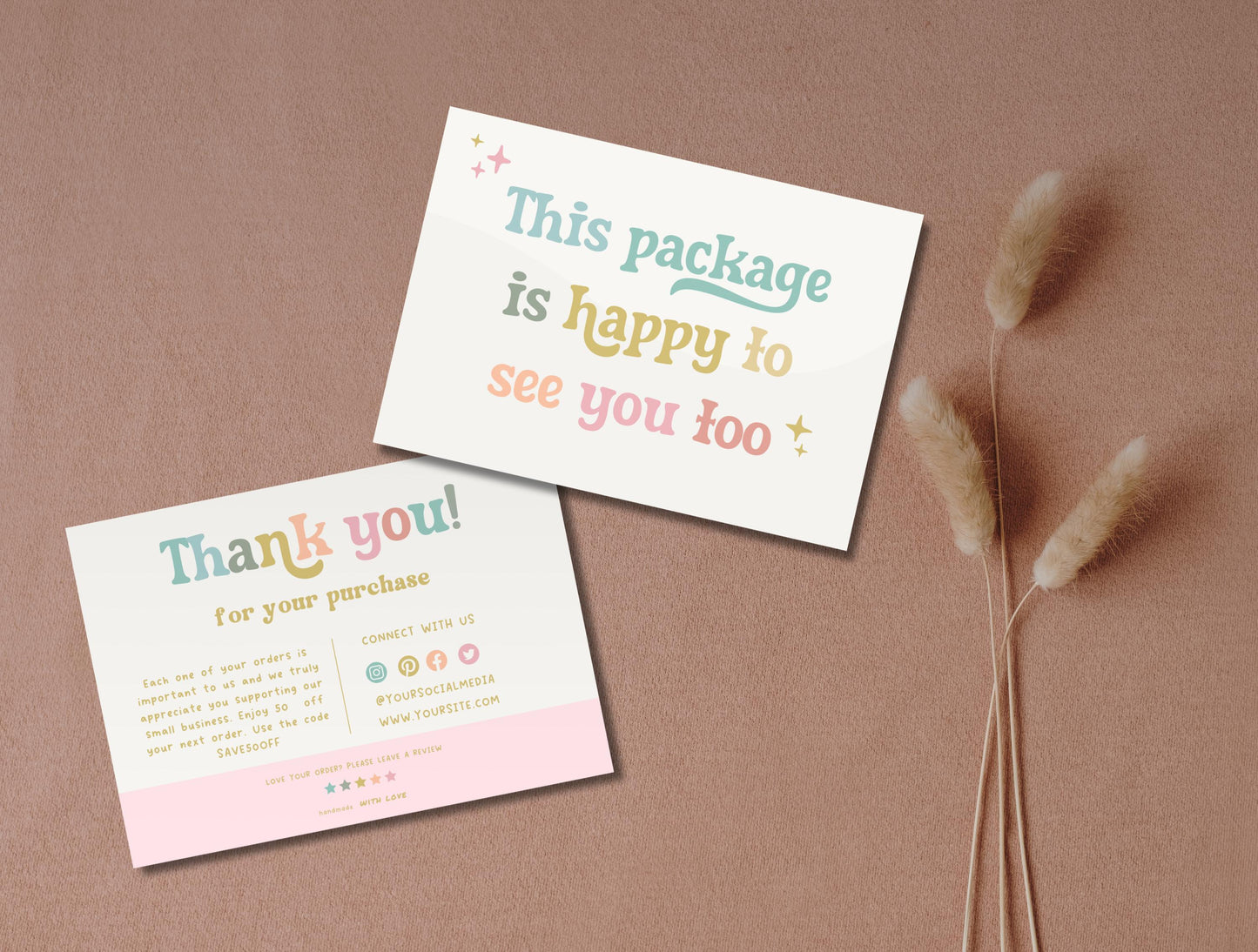 Plantilla de tarjeta de agradecimiento colorida y editable en CANVA, tarjeta de agradecimiento al cliente, inserto de empaque para pequeñas empresas HC01