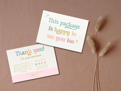 Plantilla de tarjeta de agradecimiento colorida y editable en CANVA, tarjeta de agradecimiento al cliente, inserto de empaque para pequeñas empresas HC01