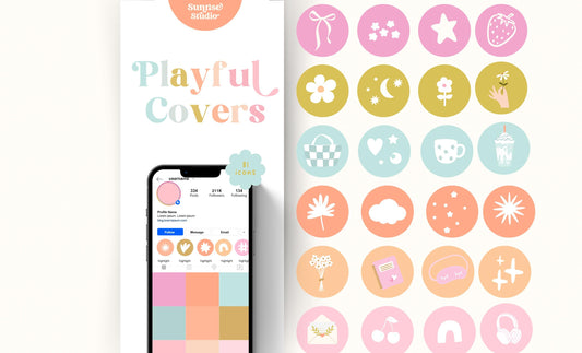 Portada destacada de historia de Instagram % Íconos dibujados a mano e íconos de redes sociales lindos en colores pastel / Plantilla Canva para perfiles creativos