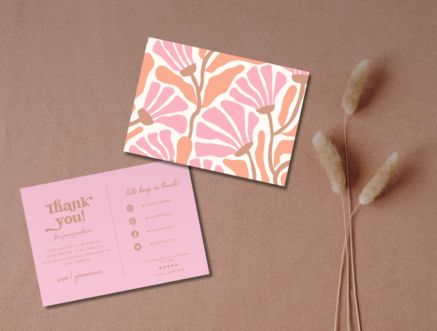 Plantilla de Canva de tarjeta de agradecimiento con flores abstractas editables/tarjeta de agradecimiento al cliente/inserto de empaque para pequeñas empresas