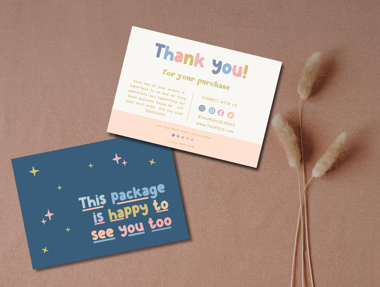 Plantilla de Canva de tarjeta de agradecimiento colorida editable/tarjeta de agradecimiento al cliente/inserto de empaque para pequeñas empresas