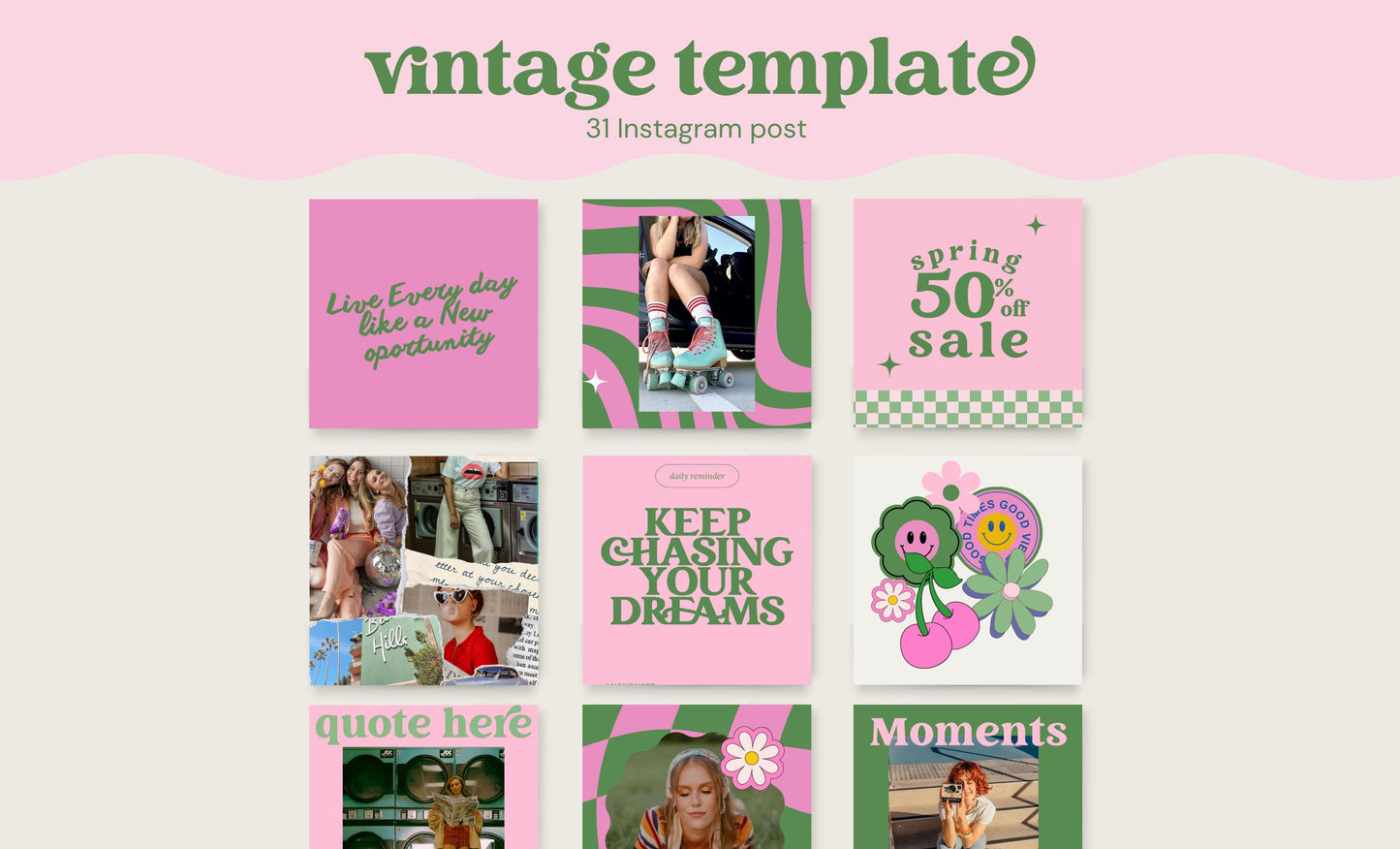 Feed de Instagram moderno y elegante de estilo retro, plantilla de Canva, estrategia de participación de publicaciones vintage para pequeñas empresas, blogueros de estilo de vida