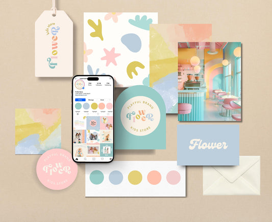 Kit de marca prediseñado con diseño divertido en tonos pastel para Canva: logotipo, submarca, paleta de colores y fuentes editables; diseño de marca DIY para pequeñas empresas.