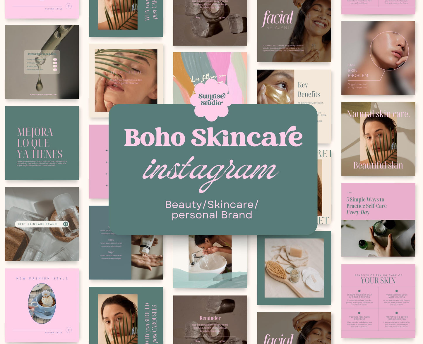 Feed de Instagram de Skincare Boho / Diseño artístico / Canva: plantillas de pintura hechas a mano, estrategia de alto impacto visual y participación para pequeñas empresas