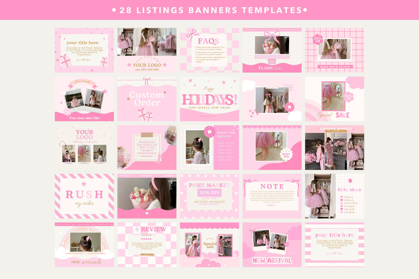 Kit de tienda Etsy rosa, lindo y divertido: incluye plantillas de banner y anuncios para Etsy. Plantillas divertidas de Canva para impulsar tu tienda online.