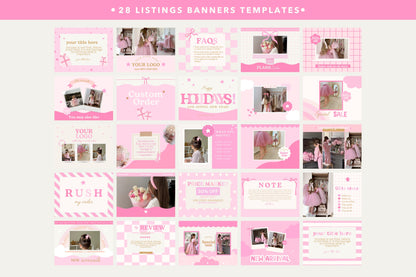 Kit de tienda Etsy rosa, lindo y divertido: incluye plantillas de banner y anuncios para Etsy. Plantillas divertidas de Canva para impulsar tu tienda online.