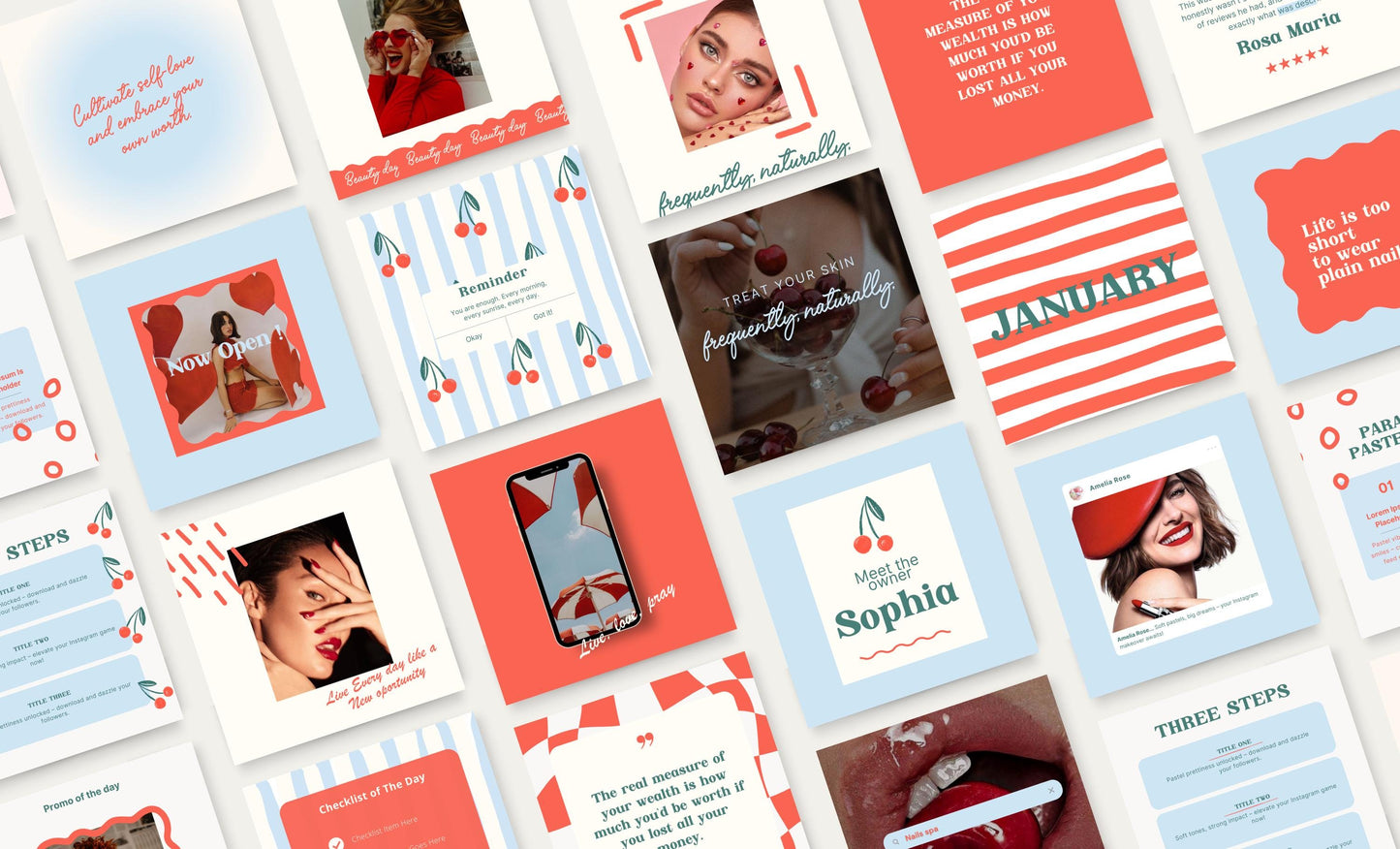 Plantilla moderna de Instagram con temática de cerezas / Diseño elegante y con estilo para redes sociales / Publicación moderna en Canva / Herramientas para pequeñas empresas / Feed de influencers