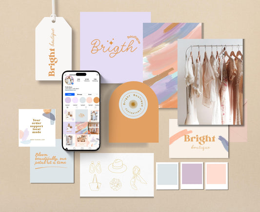 Kit de marca de boutique Boho Pastel prefabricado / Tablero de marca personalizable, logotipos, calcomanías, patrones y plantillas de Instagram / Descarga instantánea