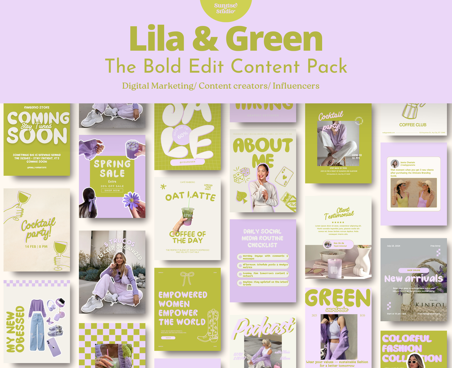 Viral Trendy lila & Green Instagram Template Pack | Vibrant Canva Templates for Influencers, Content Creators and Digital Marketers